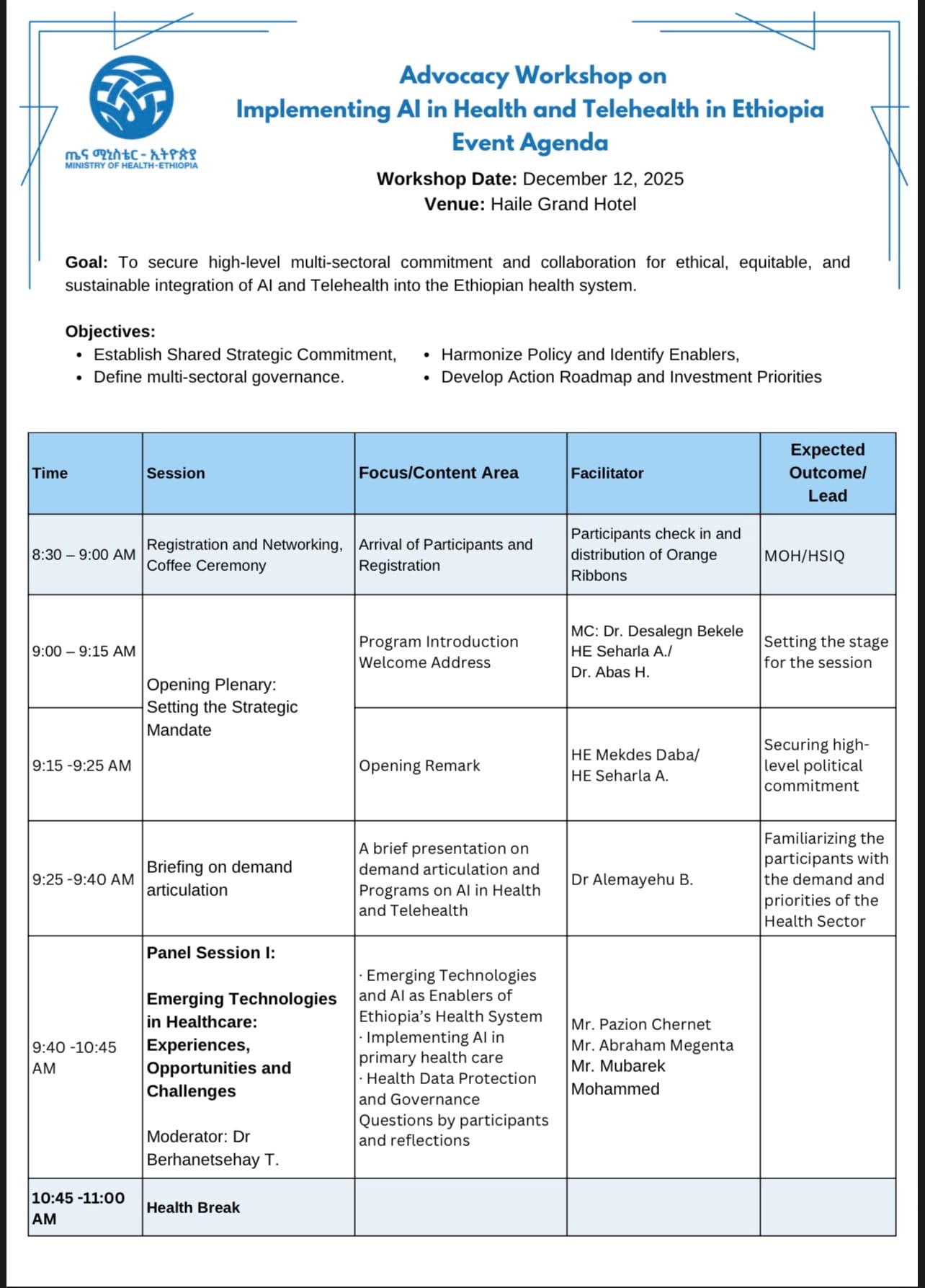 Advocacy Workshop on Implementing AI in Health and Telehealth in Ethiopia